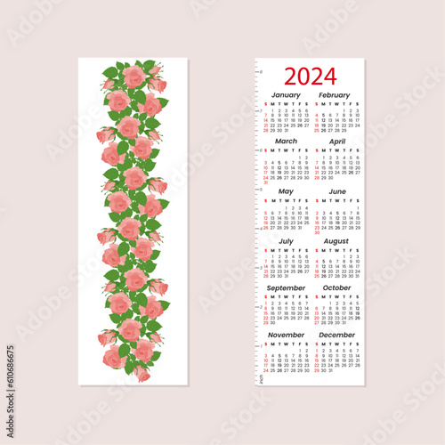 calendar bookmark for 2024 with roses
