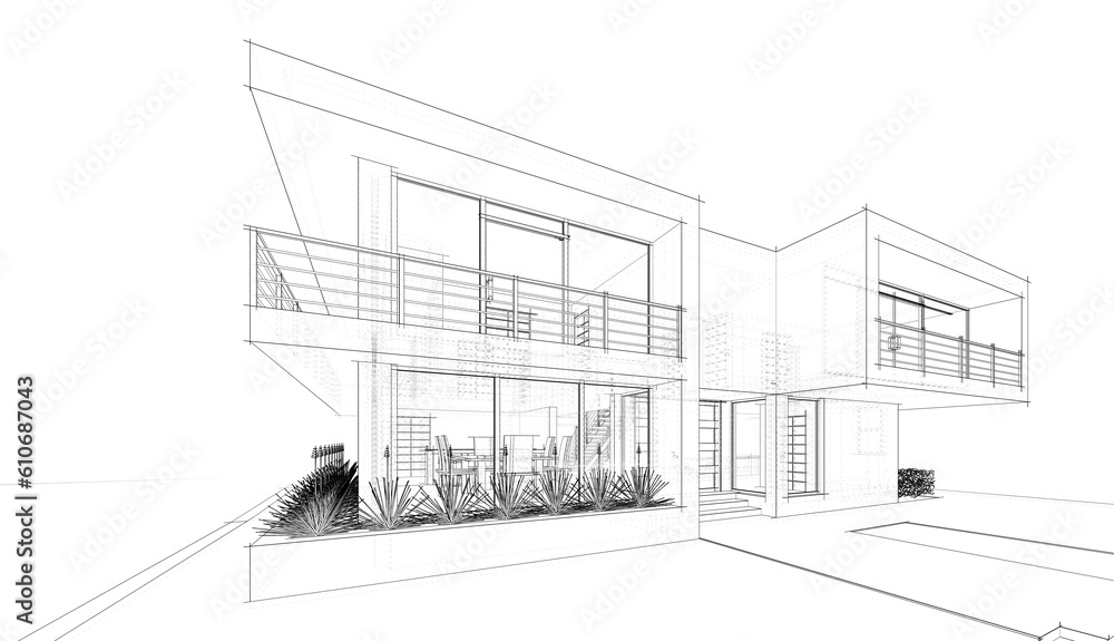 House architectural drawing 3d illustration