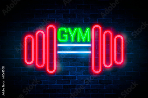 Gym sign neon banner on brick wall background.