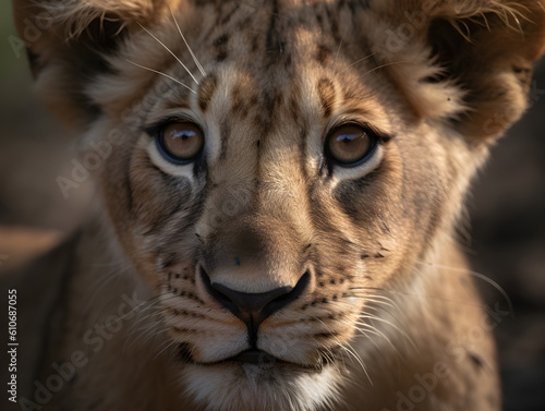 Close-up of lion cub looking for prey in the wild 