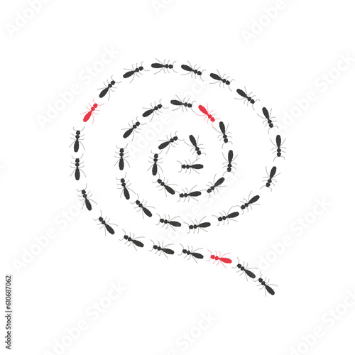 Spiral ant trail silhouette, a path of insects in search of food. Isolated on white background