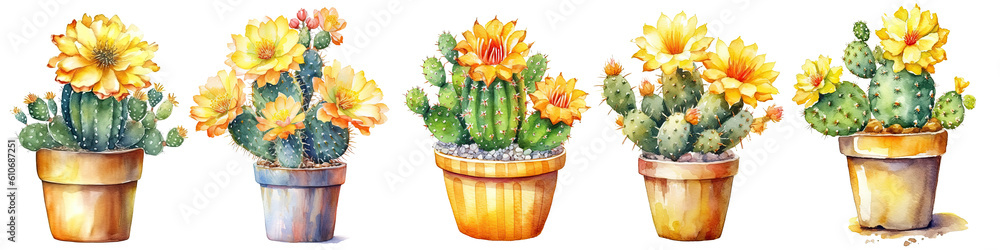set of cactus yellow flowers in plant pot watercolor illustration transparent background, PNG ,Generative AI