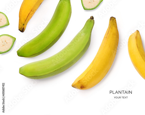 Bilde på lerret Creative layout made of green and yellow plantain on the white background