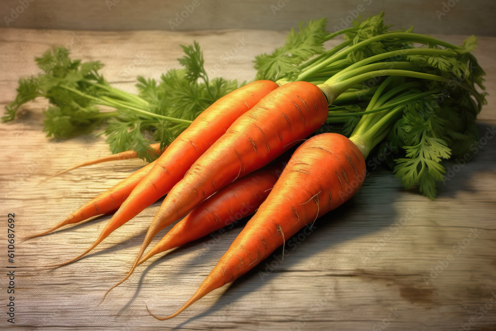 A bunch of fresh carrots with green leaves on a dark table surface. A bunch of fresh carrots with green leaves on a dark table surface.