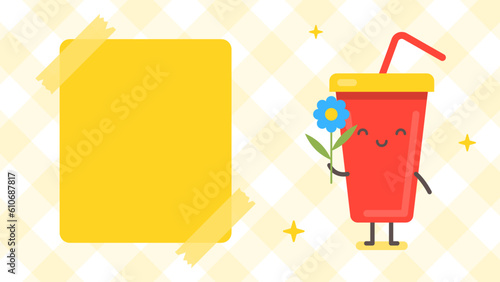 Empty banner and drink character holding flower. Funny character