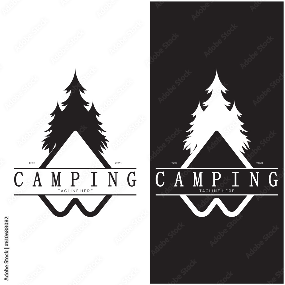 vintage and retro tent logo, camping. With tent, tree and bonfire sign. adventurers, scouts, climbers, camping equipment center