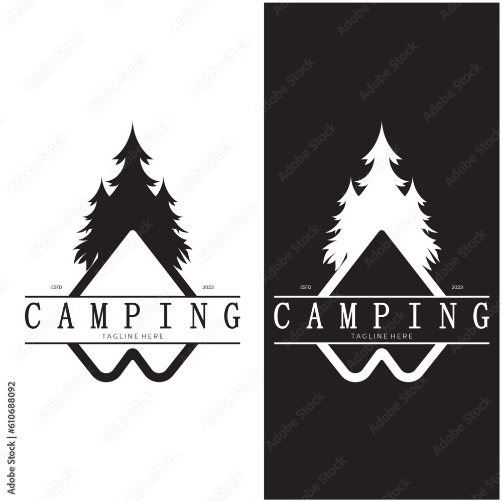 Obraz premium vintage and retro tent logo, camping. With tent, tree and bonfire sign. adventurers, scouts, climbers, camping equipment center