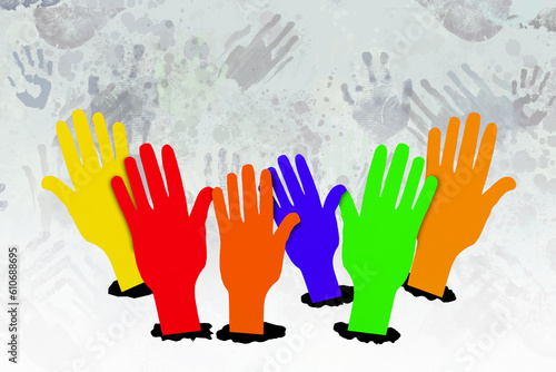 Many rainbow color palm hands on white background with black palm hands