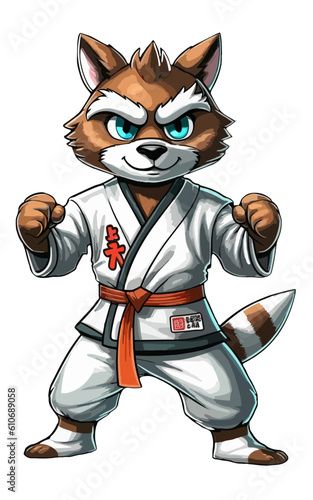 Funny cartoon raccoon practicing karate in a stylish kimono, wild animal
