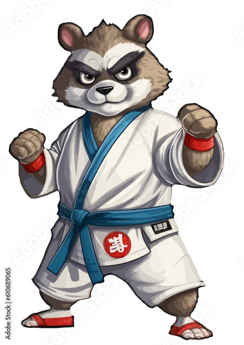 Funny cartoon raccoon practicing karate in a stylish kimono, wild animal