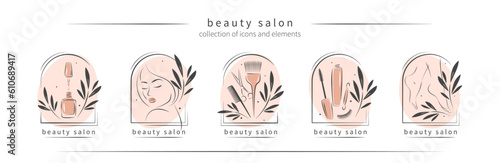 Big set of elements and logos for beauty salon. Nail polish,  manicured female legs, beautiful woman face, eyelash extension, makeup, hairdressing. Vector illustrations