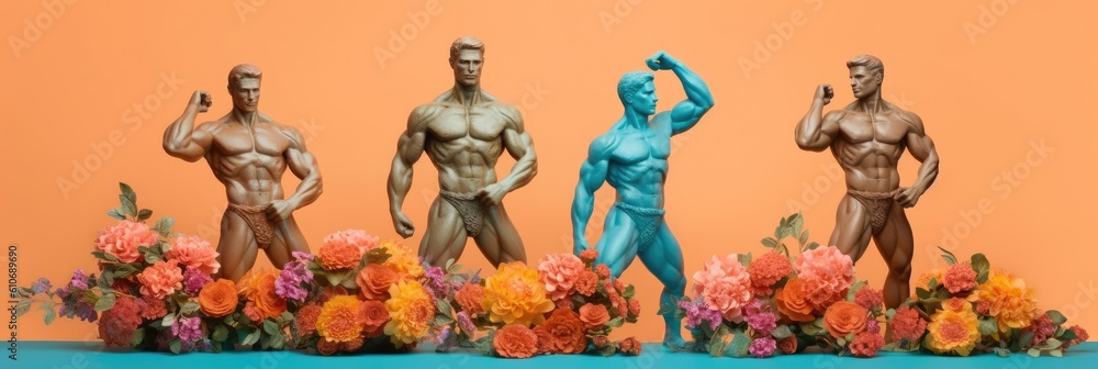 ภาพประกอบสต็อก Muscular men and flowers on a colored background ...