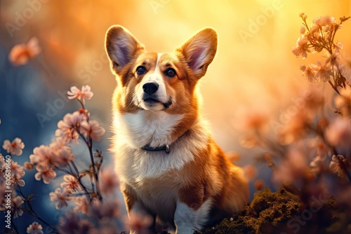 Welsh Corgi Pembroke in the spring forest. Created with Generative AI tools