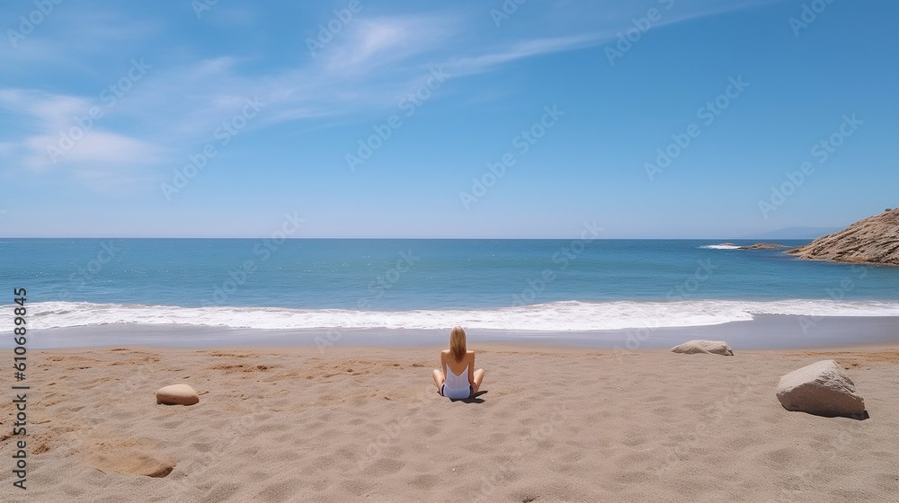 woman sitting at an empty spanish beach in summer - Generative AI