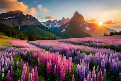 A field of delicate pink and purple lupine flowers creates a stunning carpet of color