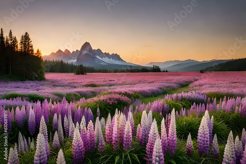 A field of delicate pink and purple lupine flowers creates a stunning carpet of color