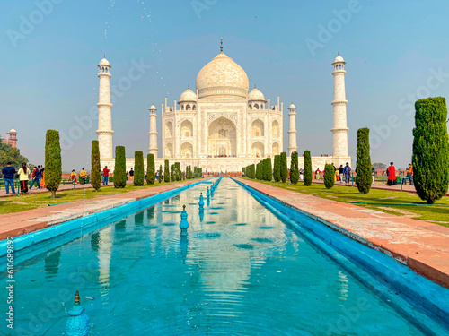 Agra, Uttar Pradesh, India - 12.15.2022: Taj Mahal, Agra, India. Tourists visiting a popular tourist attraction.