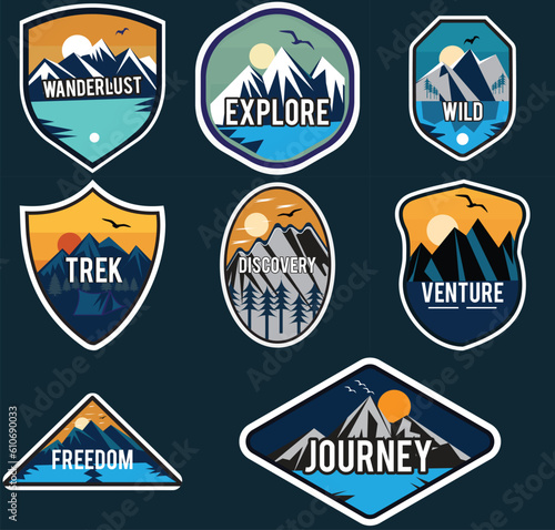 Set of nine mountain travel emblems. Camping outdoor adventure emblems, badges and logo patches. Mountain tourism, hiking. Forest camp labels in vintage style labels in vintage style