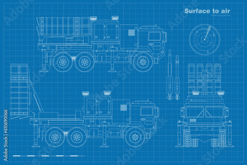 Outline drawing of air defense missile system. Surface to air rocket weapon industrial blueprint. Anti aircraft military launcher. Front and side view of army truck