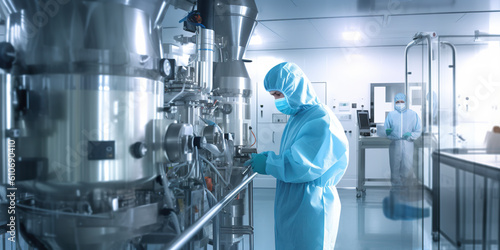 Biotechnology production facility, pharma. Clean production room with worker in protective suit. Generative AI image. photo
