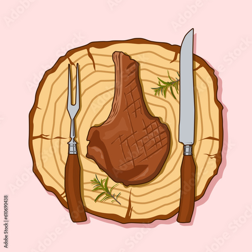 grilled beef on a wooden board illustration. grilled beef on a wooden plate. illustration of grilled beef on a wooden board. barbeque beef on a plate 