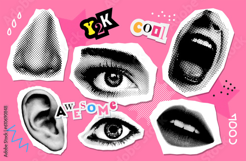 Collage design elements set in trendy y2k dotted style. Retro halftone effect. Face parts - mouth, eye, lose, ear. Vector illustration with vintage grunge punk cutout shapes. Stickers collection.