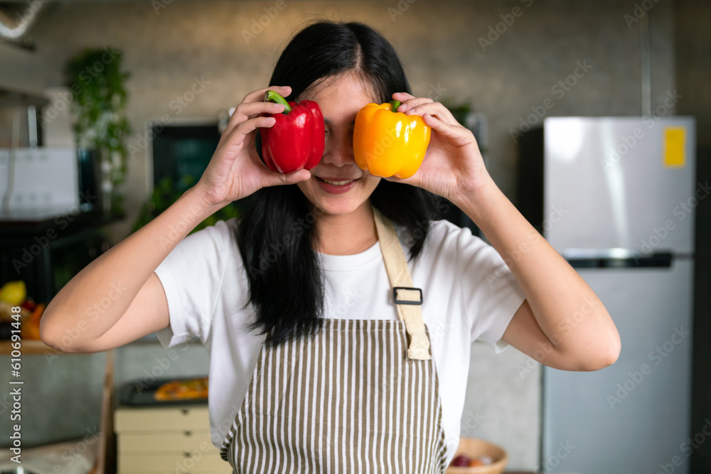 smile happy asian female chef hold fresh nutrition vegetable for cook meal for breakfast and dinner in kitchen at home for healthy lifestyle with menu recipe smile happy asian female chef hold fresh nutrition vegetable for cook meal for breakfast and dinner in kitchen at home for healthy lifestyle with menu recipe