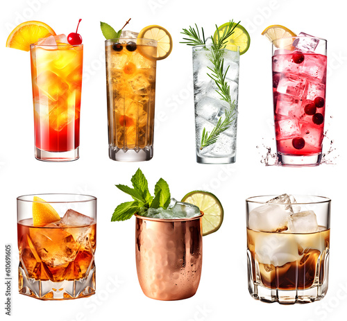 Alcohol Cocktail Mocktail. Many assorted different range types isolated on transparent background cutout. PNG file. photo