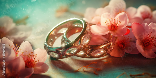 Wedding Rings of love and romance dreamy pastel background   red hearts valentine days   greetings cards congratulations   Created with generative AI