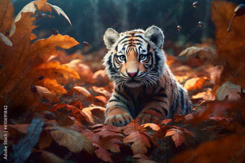 Close-up photo of a tiger cub in the forest. Generative AI
