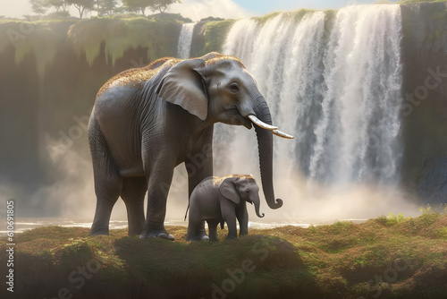 Mother elephant and baby elephant in the forest.Generative AI