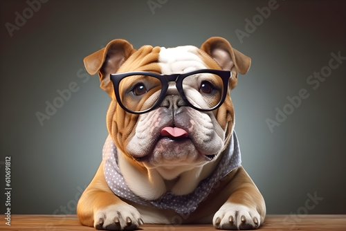 Bulldog dog wearing glasses on gray background. Generative AI