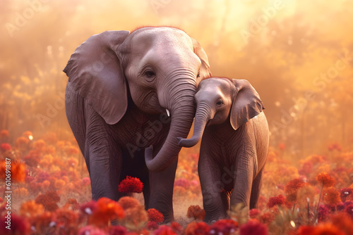 Mother elephant and baby elephant in the forest.Generative AI