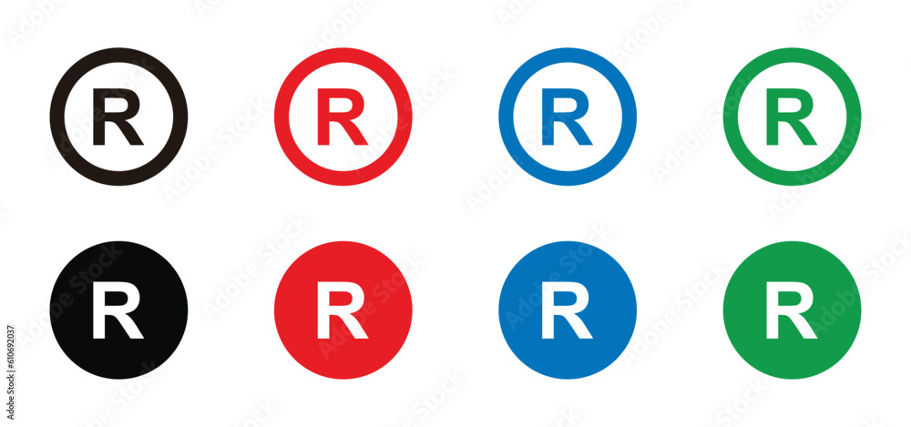 Set of registered trademark symbols in colorful style. Set of icon registered trademark isolated on white background 