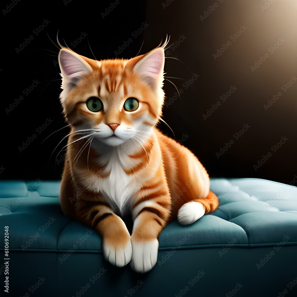 Orange kitty lying on a green couch. Looking cute. Orange kitty lying on a green couch. Looking cute.