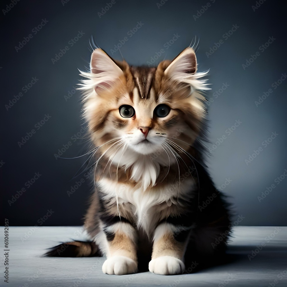 A cute kitten sitting on a gray floor with a gray background. Looking cute.