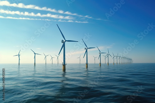 Windmill park standing in the sea on a cloudy day. Wind turbines standing in the sea. photo