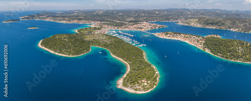 Aerial view of Adriatic town of Rogoznica sailing harbor and Marina Frapa resort, Dalmatia, Croatia