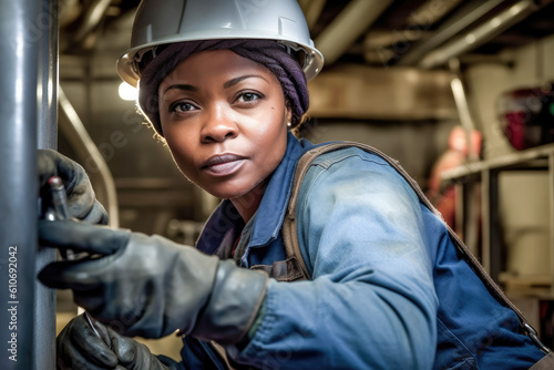 A young black female plumber working to fix a problem in a house. Generative AI. 