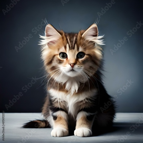 A cute kitten sitting on a gray floor with a gray background. Looking cute.