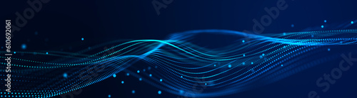 Abstract background grid. Data stream. Futuristic blue particle wave. 3d rendering.