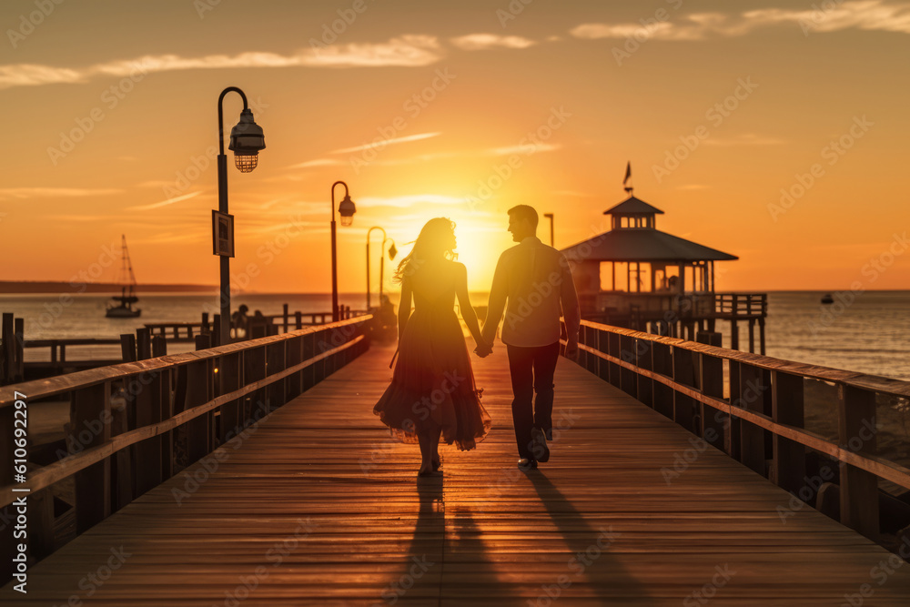 A romantic couple walking hand in hand on a pier at sunset, surrounded by vintage beach props and capturing the magic of summer nights. Generative AI