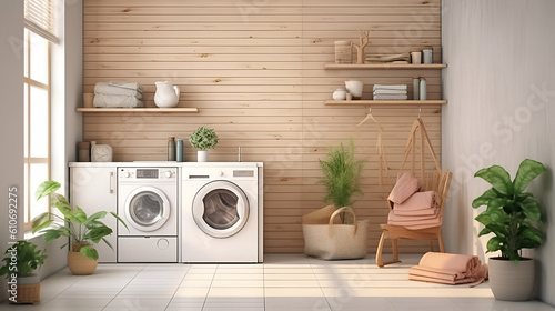 Laundry room , basket, flowers, and shelving.