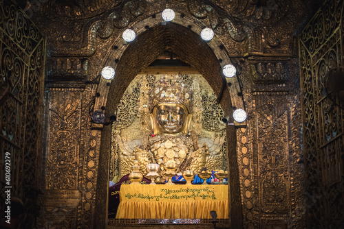 The Mahamuni Buddha Temple  is located southwest of Mandalay