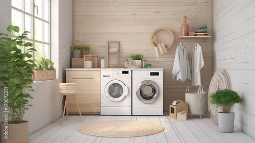 Laundry room , basket, flowers, and shelving.