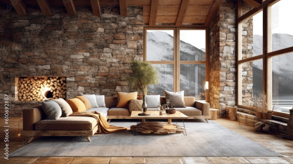 Stone and Wood Rustic Interior Design Concept, with Modern and Contemporary Furnitures. Spacious and Bright Living Room with a great view. Generative AI illustration. Stone and Wood Rustic Interior Design Concept, with Modern and Contemporary Furnitures. Spacious and Bright Living Room with a great view. Generative AI illustration.
