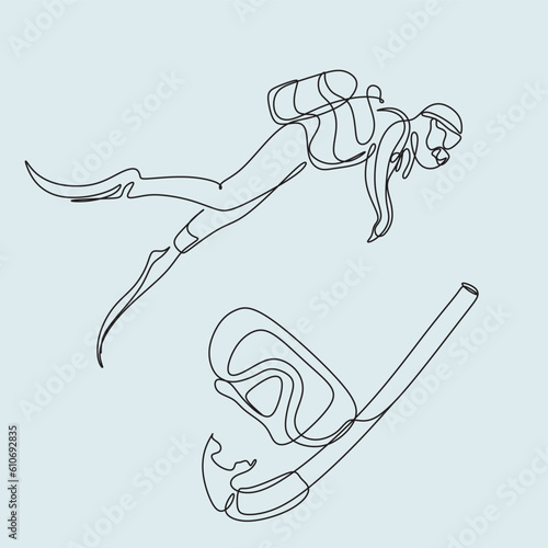 Continuous single drawn one line of a scuba diver 