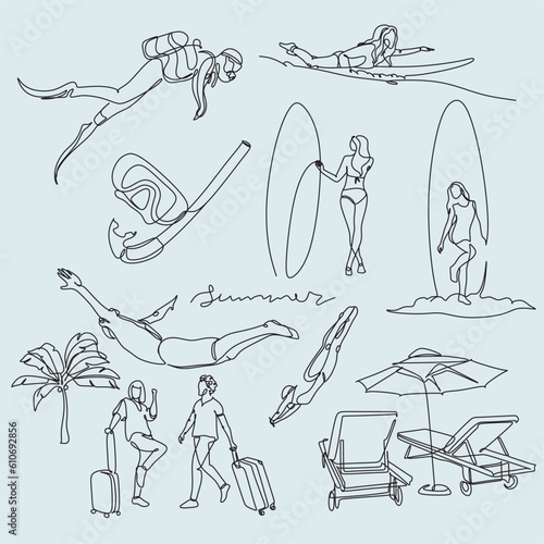 Set of line art minimal elements for summer holidays. Simple hand-drawn summer vacation. Vector diving, surfing, hedgehogs under palm trees, umbrella, diving, traveling with suitcases