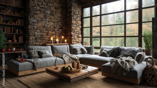 Stone and Wood Rustic Interior Design Concept  with Modern and Contemporary Furnitures. Spacious and Bright Living Room with a great view. Generative AI illustration.