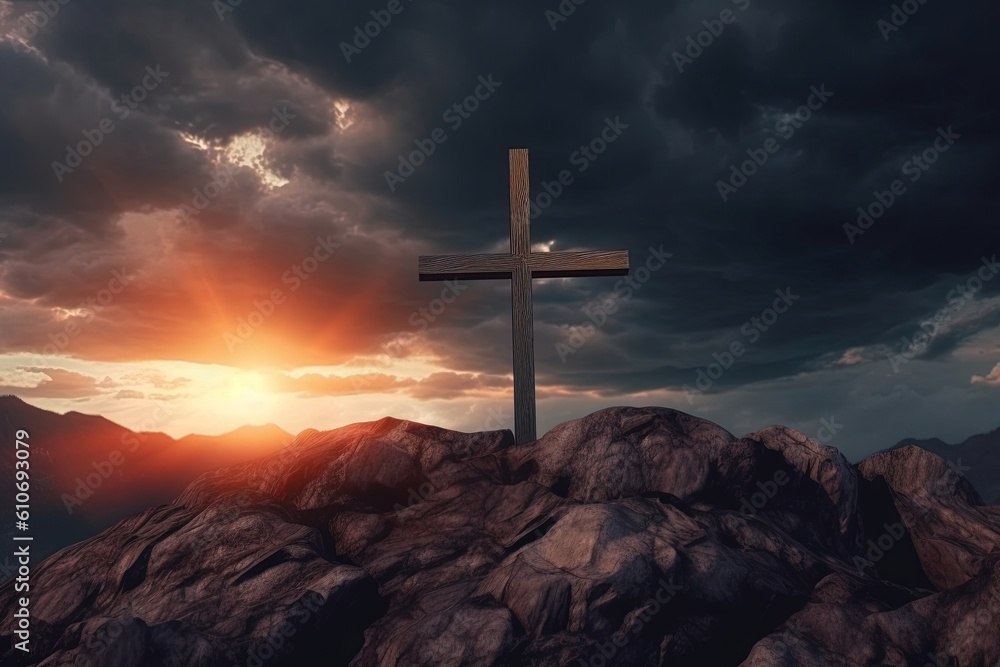 Cross on the top of the mountain with sunset background.Generative Ai